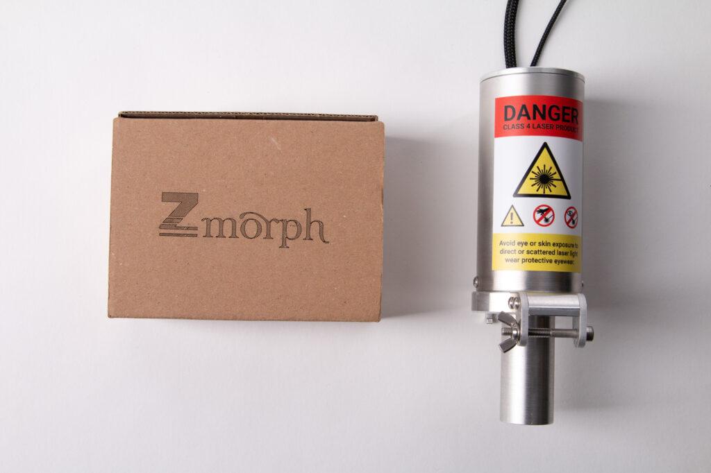 Laser engraved ZMorph logo on cardboard box and ZMorph Laser PRO Toolhead