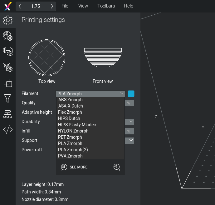 Voxelizer screenshot showing filament settings.